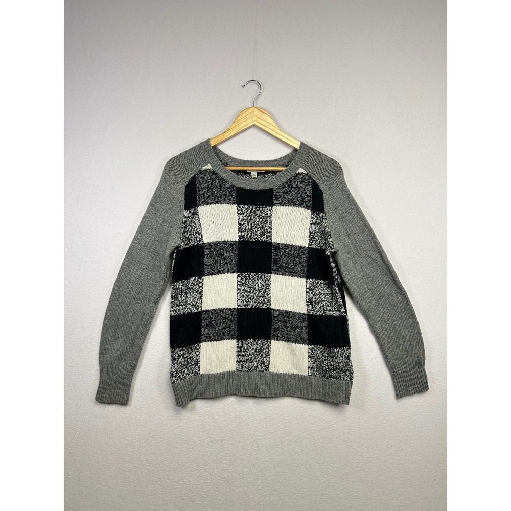 Halogen Women's Gray Black White‎ Buffalo Plaid Raglan Crewneck Sweater Size M